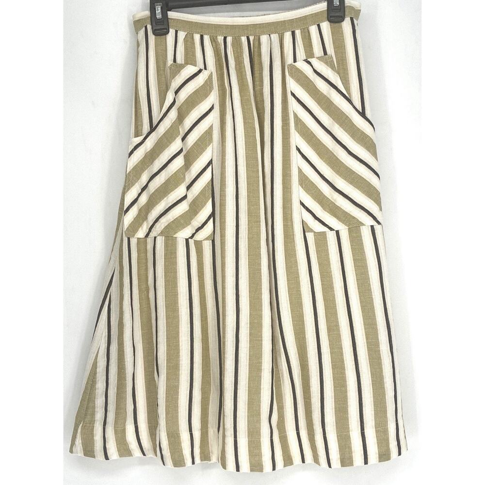 Anthropologie Akemi + Kin Luria Striped Midi Skirt S Linen Blend Patch Pockets - Picture 2 of 7